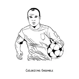 Image à colorier d’Andrés Iniesta version dessin animé en train de jouer au football