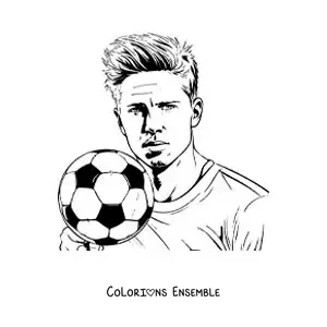 Image à colorier d’un portrait réaliste de Kevin De Bruyne avec un ballon de football