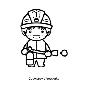 Image à colorier d'un pompier kawaii avec un extincteur