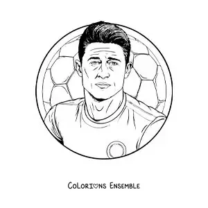 Image à colorier d’un portrait réaliste de Robert Lewandowski avec un ballon en arrière-plan