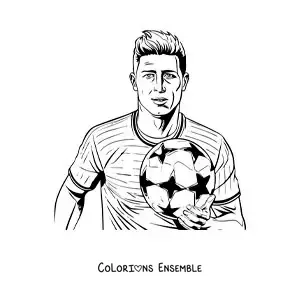 Image à colorier de Robert Lewandowski version dessin animé avec un ballon de football