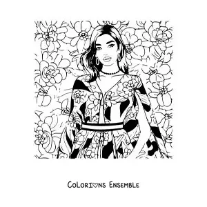 Coloriage de Dua Lipa version dessin animé avec une robe et des fleurs