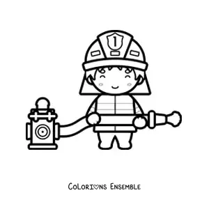 Image à colorier d'un pompier kawaii avec un tuyau