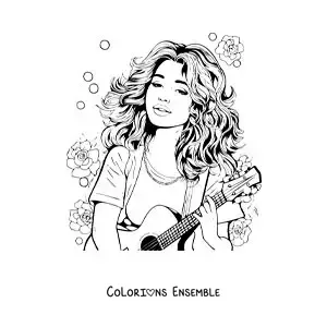 Coloriage de Selena Gomez façon dessin animé avec une guitare et des fleurs