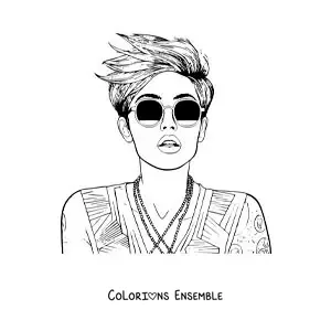 Coloriage de Miley Cyrus version dessin animé avec des lunettes de soleil et les cheveux courts