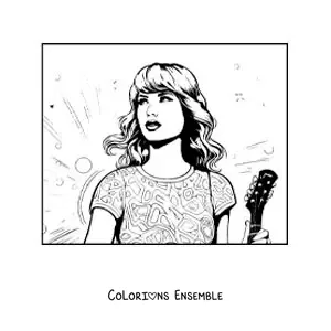 Coloriage de Taylor Swift version dessin animé avec une guitare