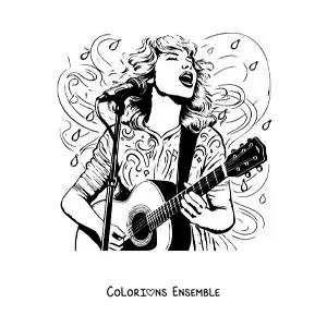 Coloriage de Taylor Swift façon dessin animé en train de chanter avec une guitare