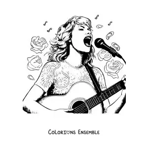 Coloriage de Taylor Swift version dessin animé en train de chanter avec une guitare