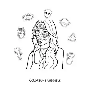 Coloriage d’un portrait d’Olivia Rodrigo sur la pochette de son album Sour