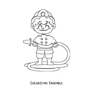 Image à colorier d'un garçon pompier avec un tuyau
