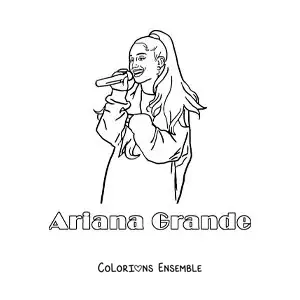 Coloriage d’un portrait d’Ariana Grande version dessin animé en train de chanter avec son nom