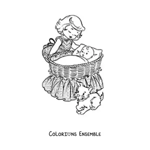 Image à colorier d’une fille et d’un chien près d’un bébé dans un berceau