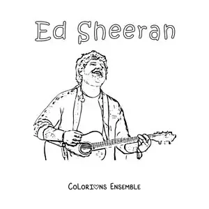Coloriage d’un dessin au crayon d’Ed Sheeran version dessin animé en train de chanter avec une guitare