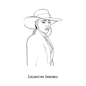 Coloriage d’un portrait de Lady Gaga version dessin animé avec un chapeau