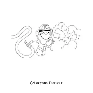 Image à colorier d'un pompier animé dans un incendie