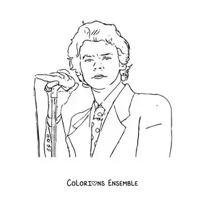 Coloriage d’un portrait réaliste de Harry Styles en train de chanter avec un micro