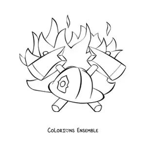 Image à colorier d'un casque de pompier avec deux haches croisées