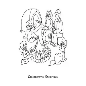 Coloriage d’une famille version dessin animé dans un camping