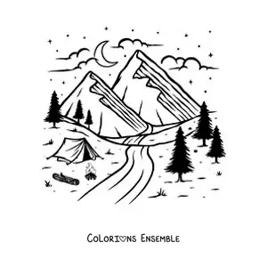 Coloriage d’une tente au bord de la rivière avec des montagnes
