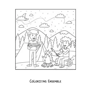 Coloriage de deux enfants en train de griller des guimauves près du feu de camp dans un camping