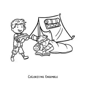 Coloriage de deux enfants en train de lire près du feu de camp dans une colonie de vacances