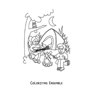 Coloriage de deux enfants version dessin animé en train de chanter dans une colonie de vacances