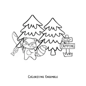 Coloriage d’un raton laveur version dessin animé en train de pêcher dans un camp en forêt
