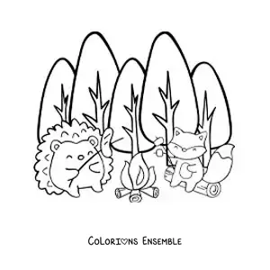 Coloriage d’animaux kawaii autour d’un feu de camp en forêt