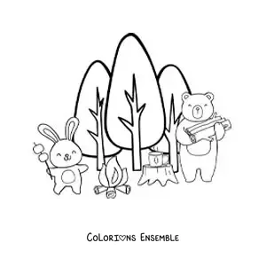 Coloriage d’animaux version dessin animé autour d’un feu de camp en forêt