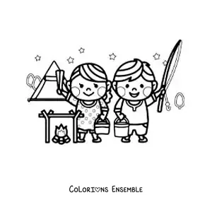 Coloriage d’un couple kawaii dans un camping