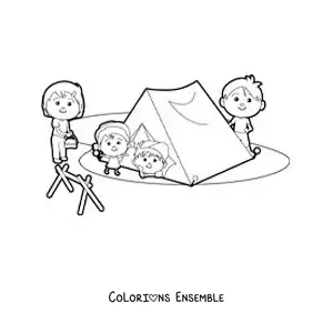 Coloriage d’une famille kawaii dans un camping