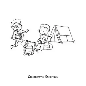 Coloriage d’un couple version dessin animé dans un camping