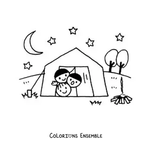 Coloriage d’enfants dans la tente d’un camping
