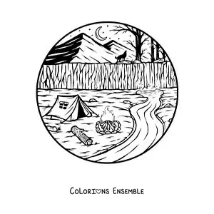 Coloriage d’un camping au bord de la rivière