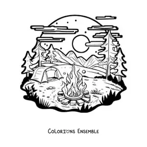 Coloriage d’une tente dans la forêt près d’un feu de camp