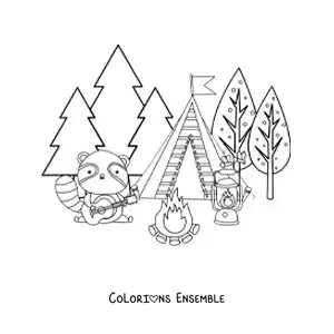 Coloriage d’un raton laveur version dessin animé en train de camper dans la forêt