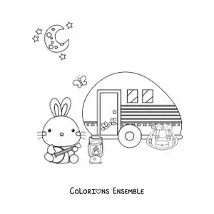 Coloriage d’un lapin version dessin animé en train de camper dans un camping-car