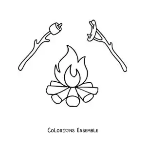 Coloriage d’un feu de camp avec des guimauves et des saucisses