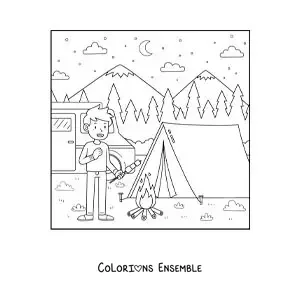 Coloriage d’un garçon en train de camper et de manger des guimauves près d’un feu de camp
