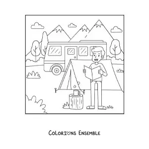 Coloriage d’un garçon version dessin animé en train de lire une carte dans un camping