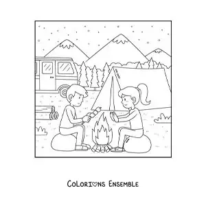 Coloriage d’une fille et d’un garçon près d’un feu de camp dans un camping