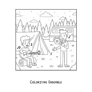 Coloriage de deux enfants en train de chanter avec une guitare dans un camping