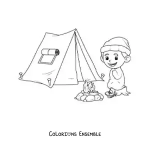 Coloriage d’un garçon qui a froid dans un camping