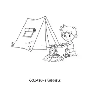 Coloriage d’un garçon en train de griller des guimauves près d’une tente