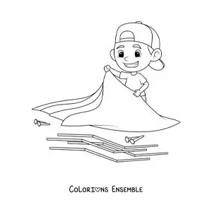 Coloriage d’un garçon en train de monter une tente