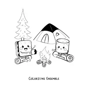 Coloriage de deux guimauves kawaii version dessin animé dans un camping