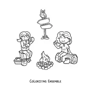 Coloriage de deux filles en train de manger des guimauves près d’un feu de camp