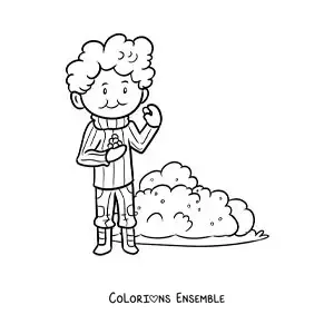 Coloriage d’un garçon en train de cueillir des baies sur un buisson pendant une randonnée