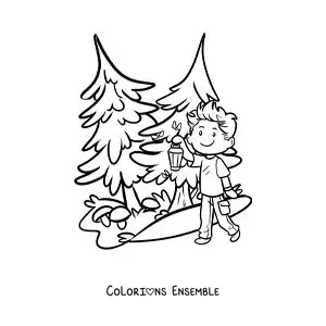 Coloriage d’un garçon avec une lampe de poche dans la forêt pendant une randonnée