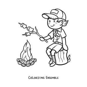 Coloriage d’un garçon explorateur en train de griller des guimauves sur un feu de camp